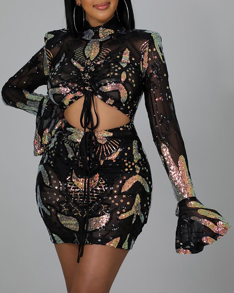 

Bell Sleeve Sequins Drawstring Bodycon Dress, Black