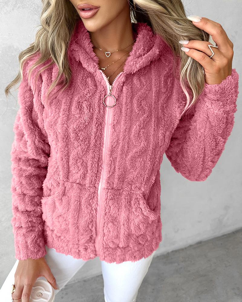 

Zipper Design Fuzzy Textured Hooded Fleece Coat, Light pink