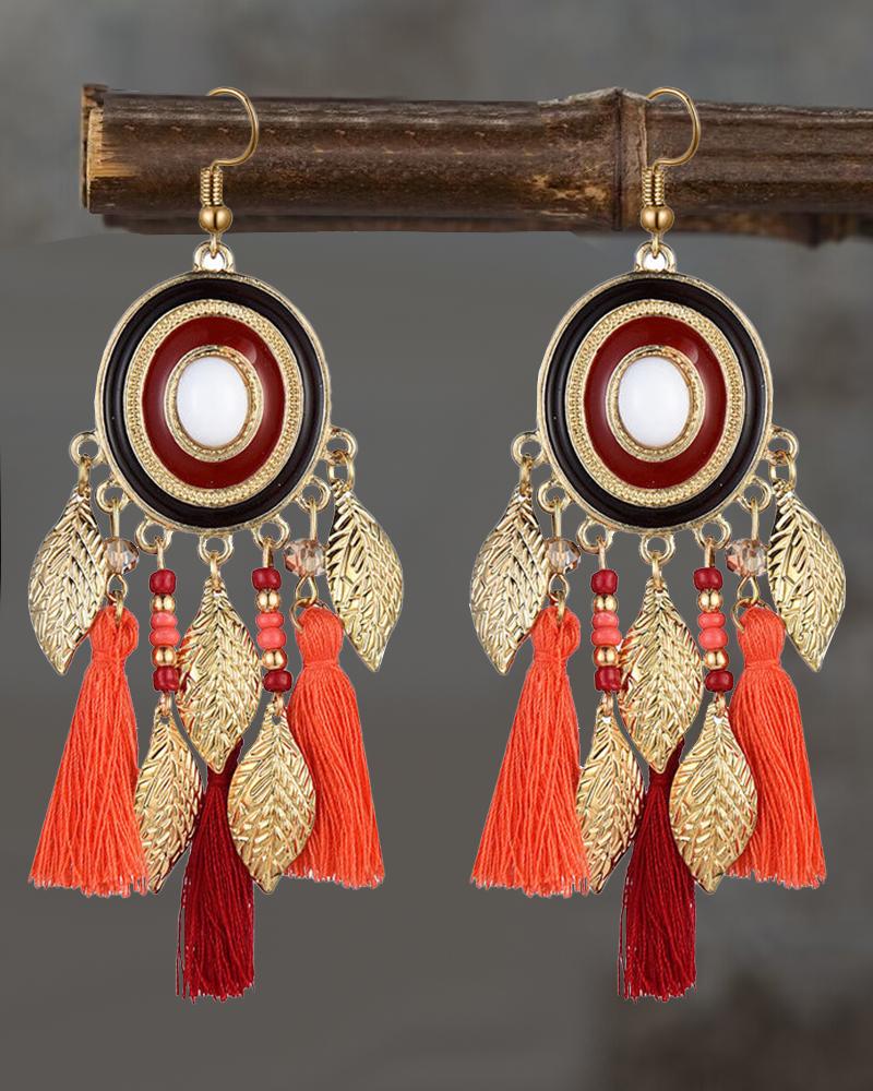 

1Pair Bohemian Vintage Leaf Tassel Design Hook Earrings, Red