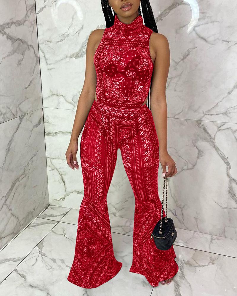 

Floral Printed Sleeveless Tank * Pants 2PCS Set, Red