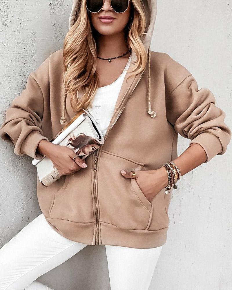 

Drop Shoulder Drawstring Hooded Zip Up Coat, Khaki