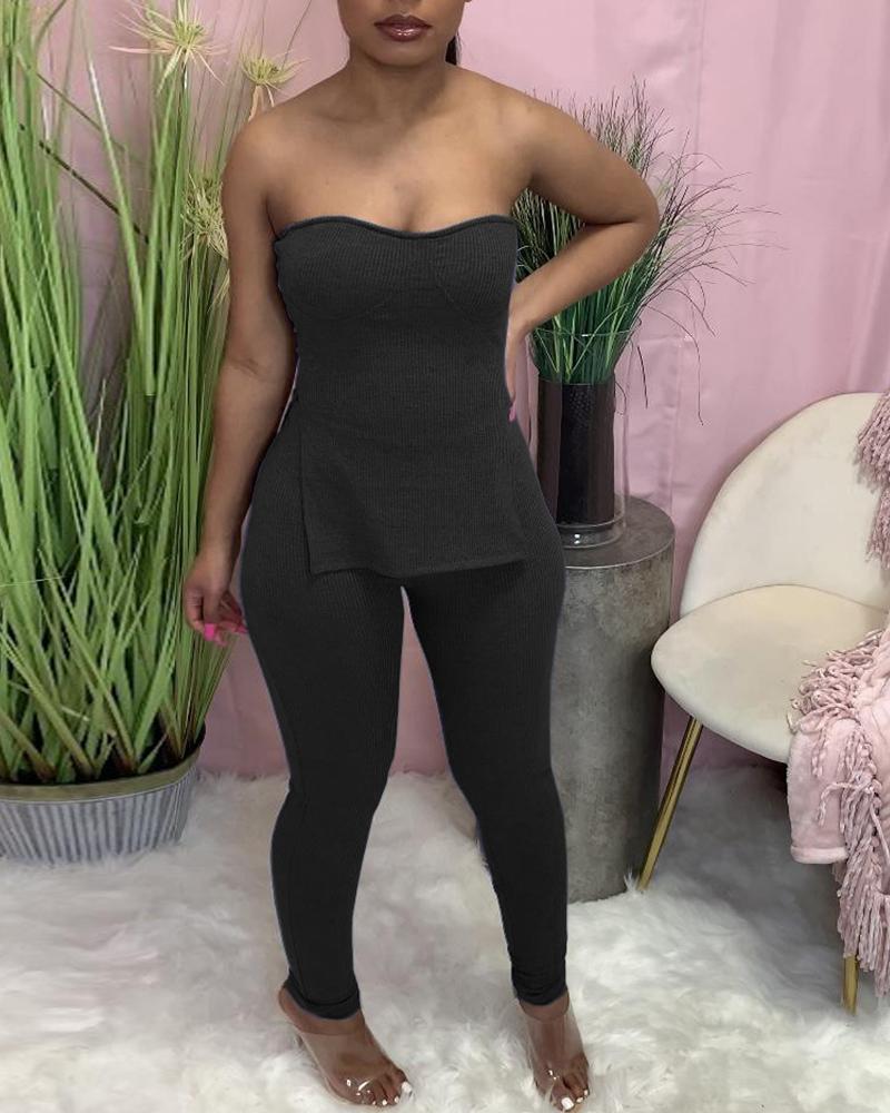 

Plain Off Shoulder Ribbed Slit Top & Pants Set, Black