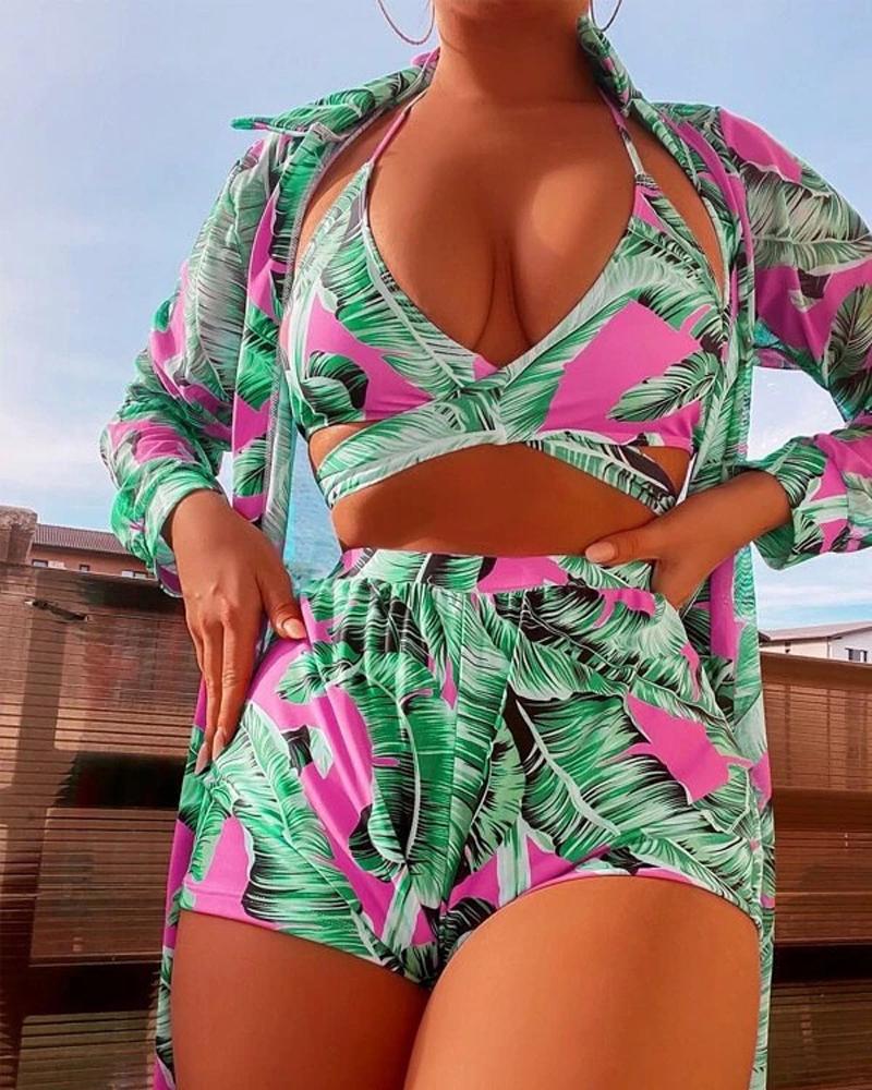

3PCS Tropical Print Crisscross Halter Bikini Set With Cover Up, Green