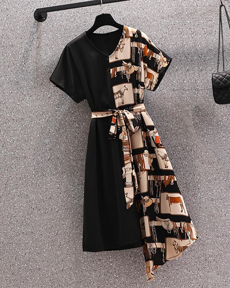 

Colorblock Patchwork Short Sleeve Loose Lace-up Shirt Dress, Black