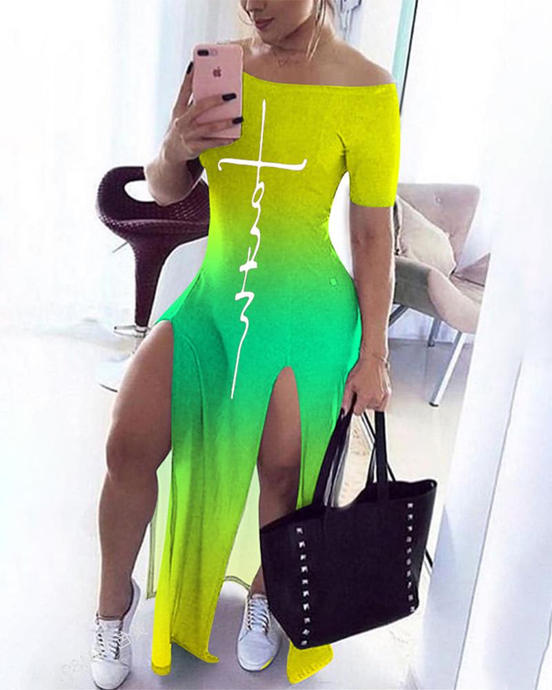 

Gradient Color Splicing Letter Print Off Shoulder Short Sleeve Slit Maxi Dress, Yellow