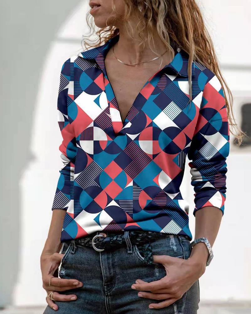 

Geo Pattern Print Long Sleeve V-Neck Shirt, Blue