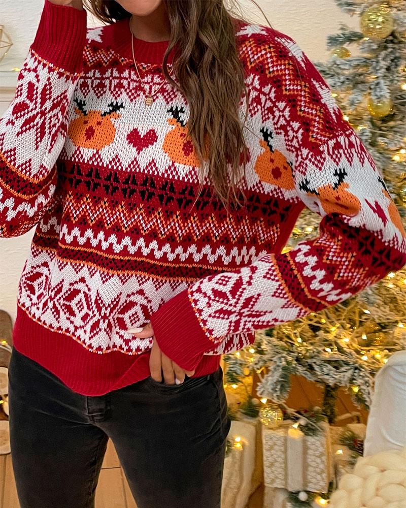 

Christmas Snowflake Pattern Long Sleeve Sweater, Red
