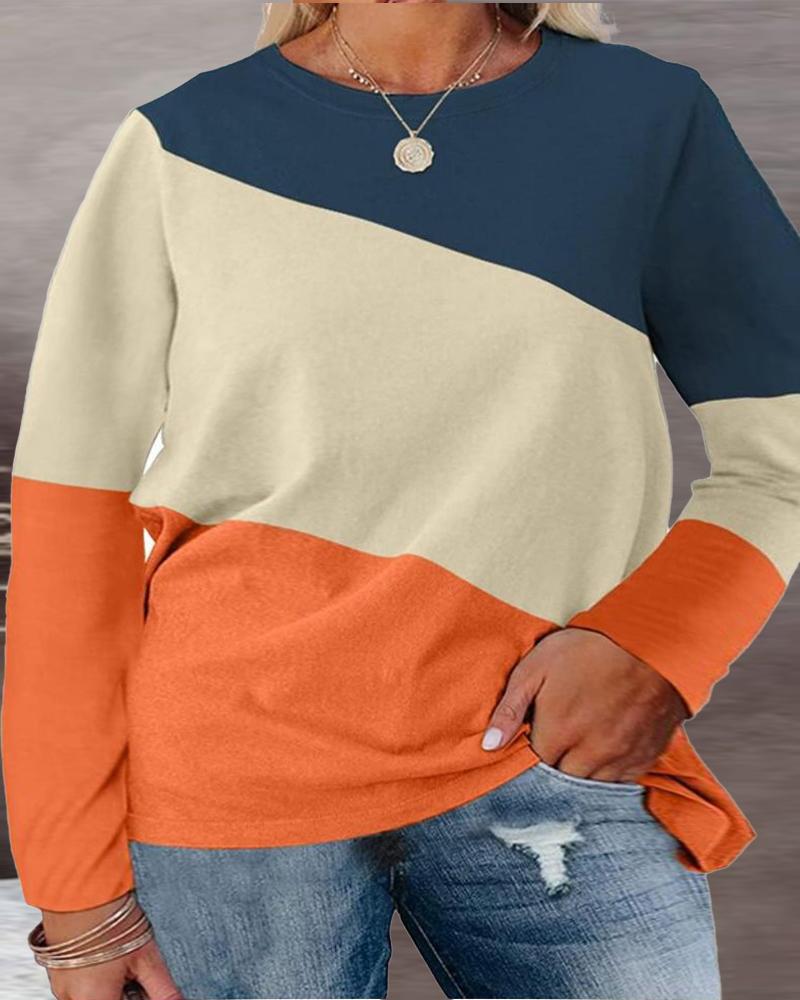 

Plus Size Colorblock Long Sleeve Casual Top, Orange