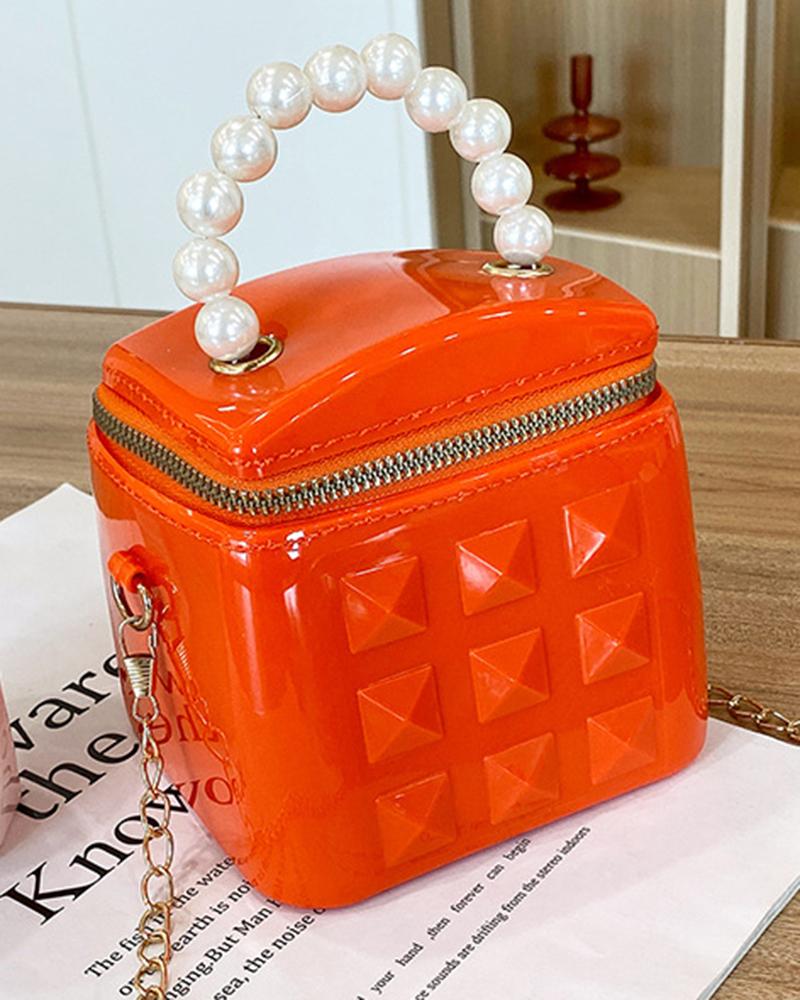 

Pearls Top Handle Square Bucket Handbag Crossbody Bag, Orange