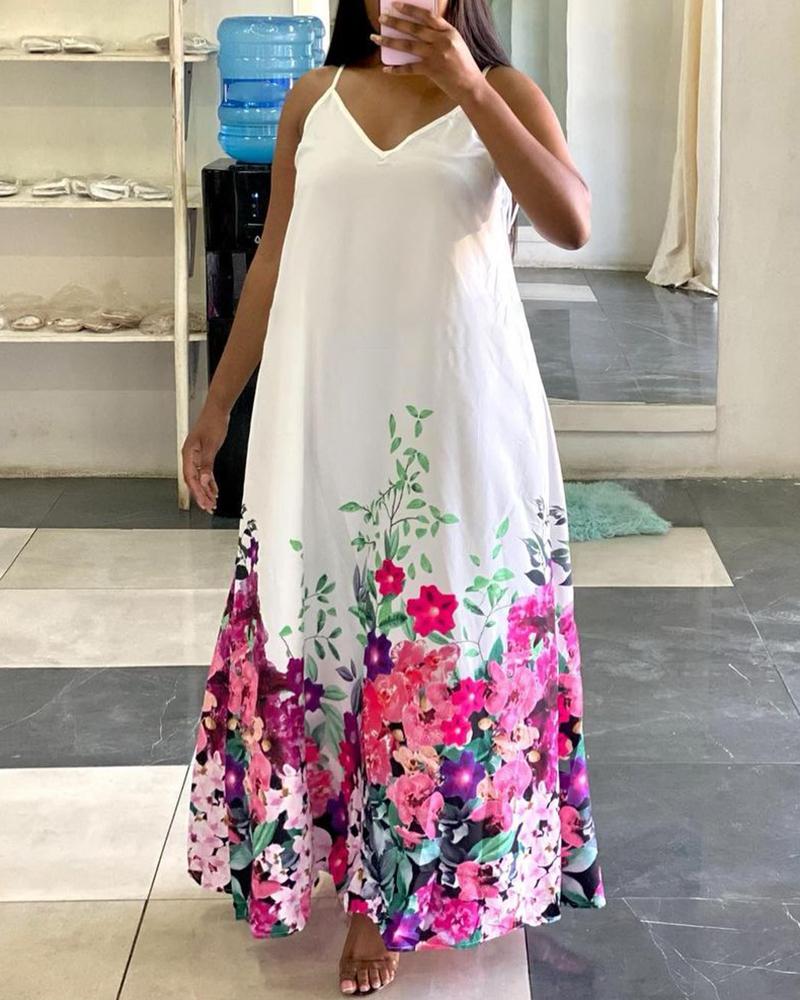 

V Neck Spaghetti Strap Floral Print Maxi Dress, White