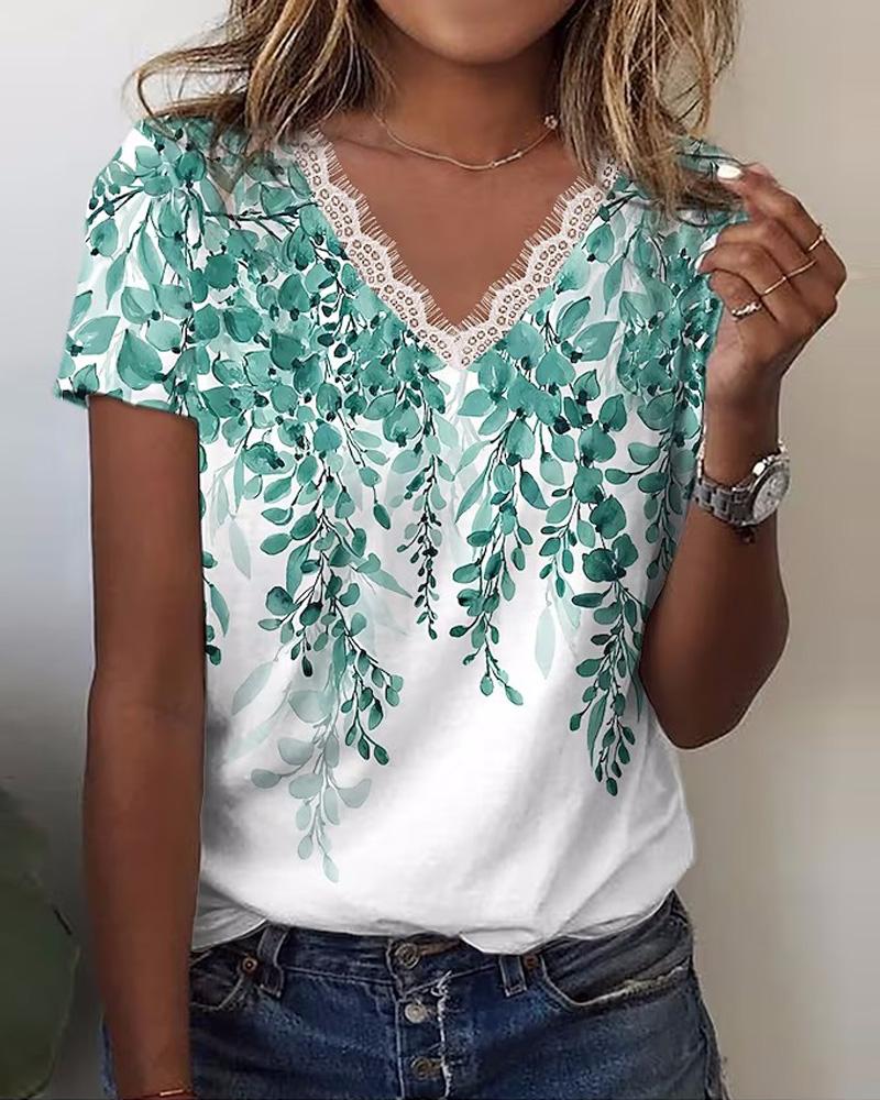 

Plants Print Lace Trim Casual T-shirt, Green
