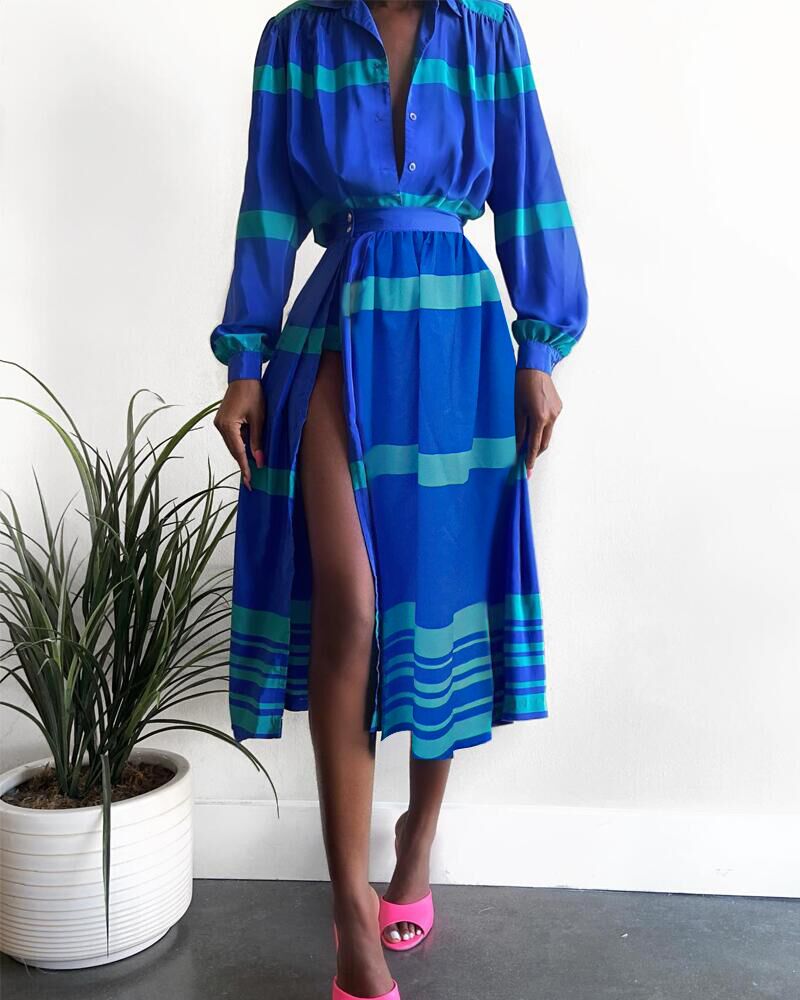 

Striped Print Button Down Shirt & High Slit Skirt Set, Blue