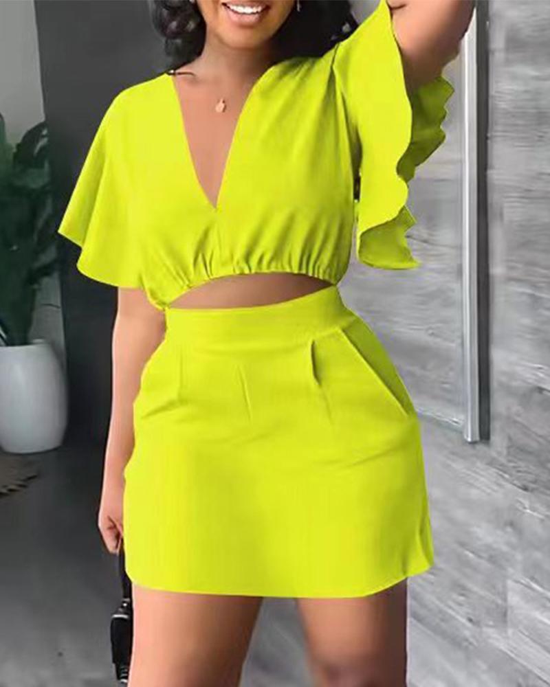 

Flutter Sleeve Crop Top & Mini Skirt Set, Yellow