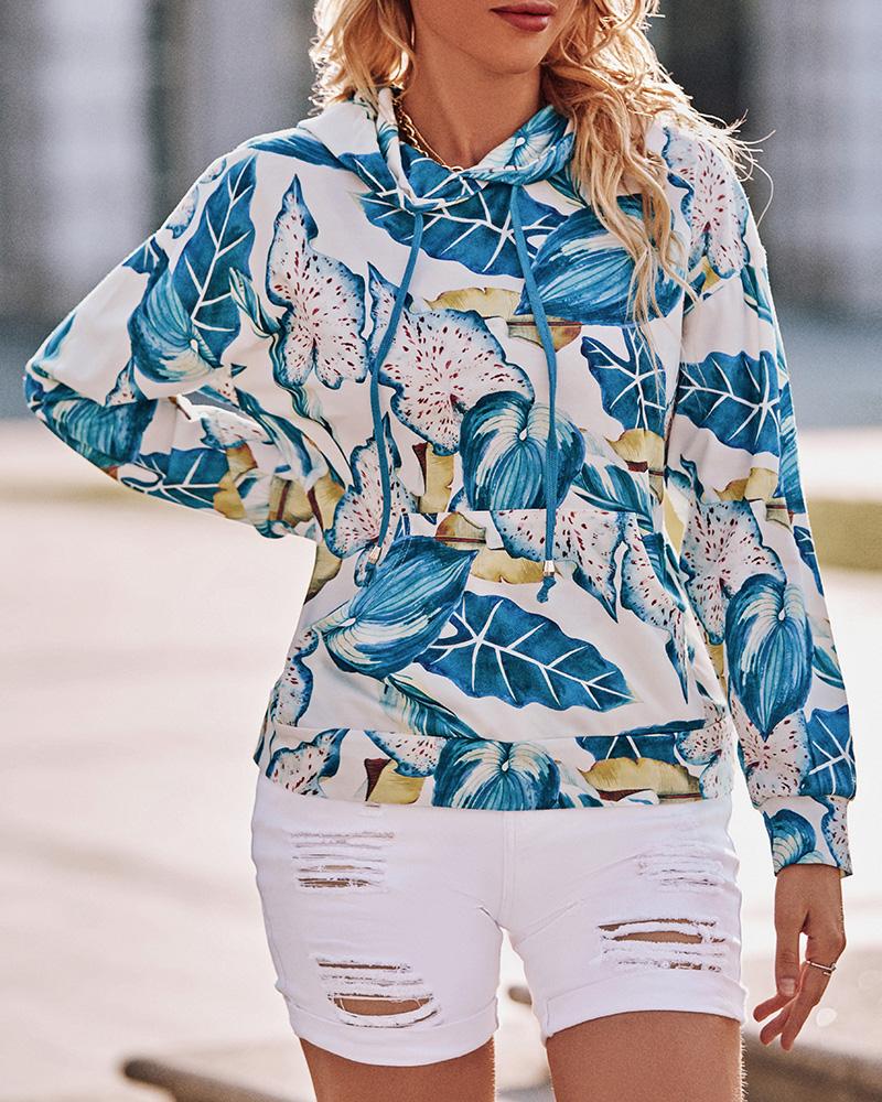 

Long Sleeve Leaf Print Drawstring Hooded Top, White