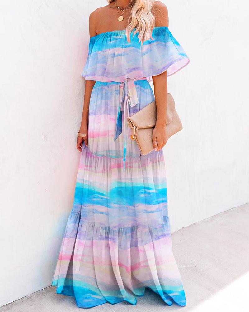

Colorful Off Shoulder Gradient Color Ruffles Maxi Dress, Multicolor