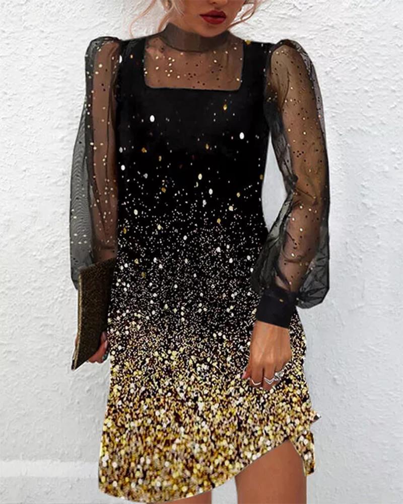 

Print Ombre Sheer Mesh Long Sleeve Dress, Black