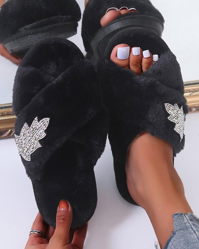 

Fuzzy Rhinestone Leaf Pattern Slippers, Black