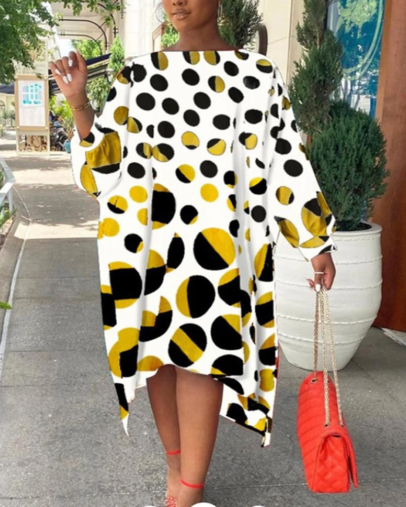 

Plus Size Polka Dot Print Batwing Sleeve Asymmetrical Dress, White