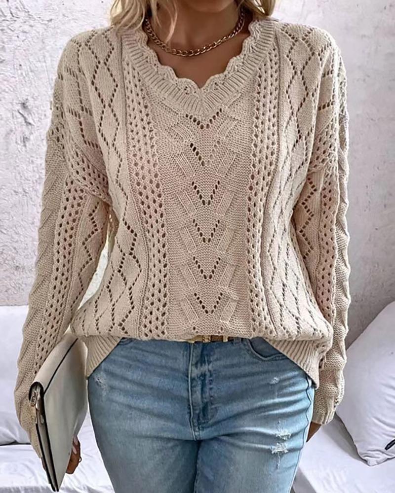 

Hollow Out Scallop Trim Sweater, Khaki