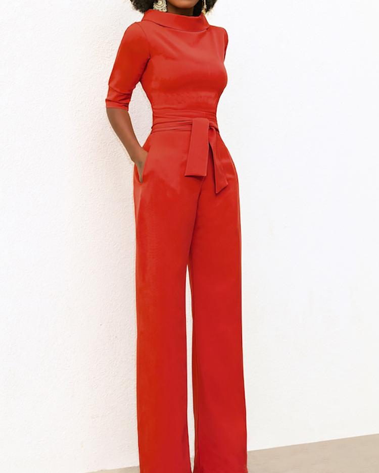 

Solid Self Belted Wide Leg Jumpsuits, Red