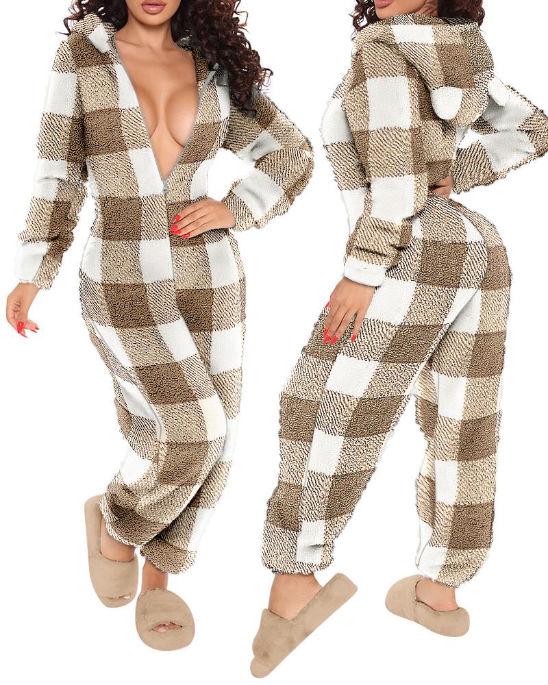 

Plaid Print Zipper Front Hooded Fluffy Adult Onesie, Khaki