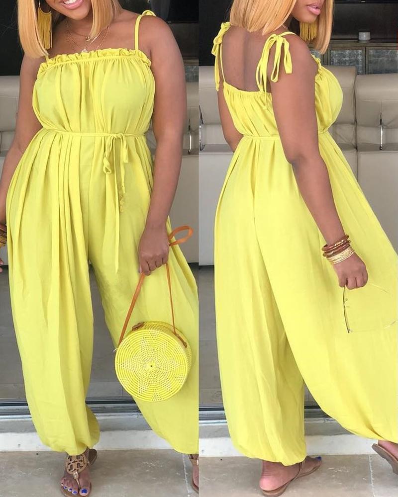 

Frill Hem Tied Detail Spaghetti Strap Jumpsuit, Yellow