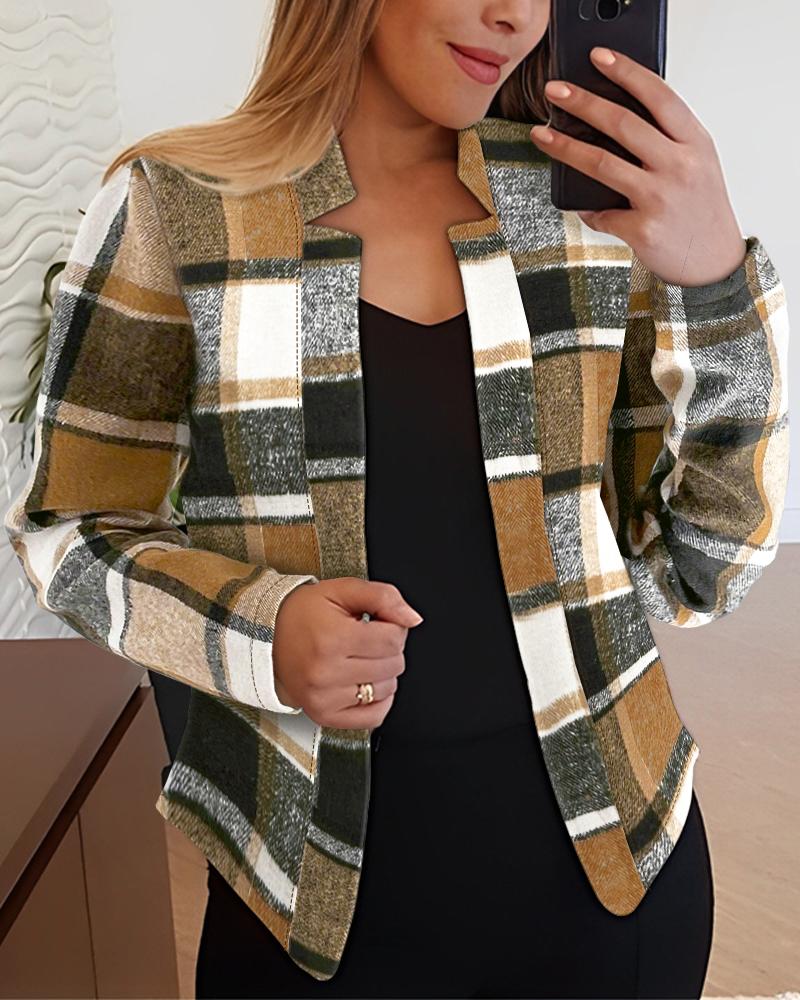 

Plaid Print Long Sleeve Blazer Coat, Brown