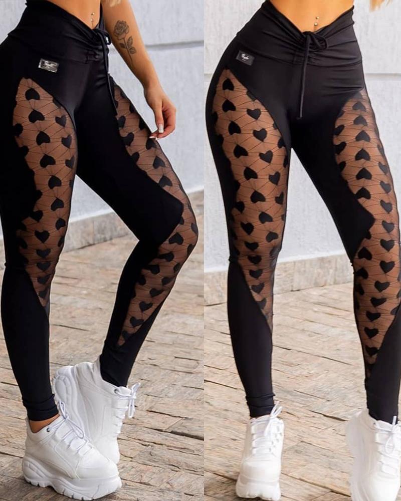 

Heart Pattern Lace Sheer Mesh Sweatspants, Black