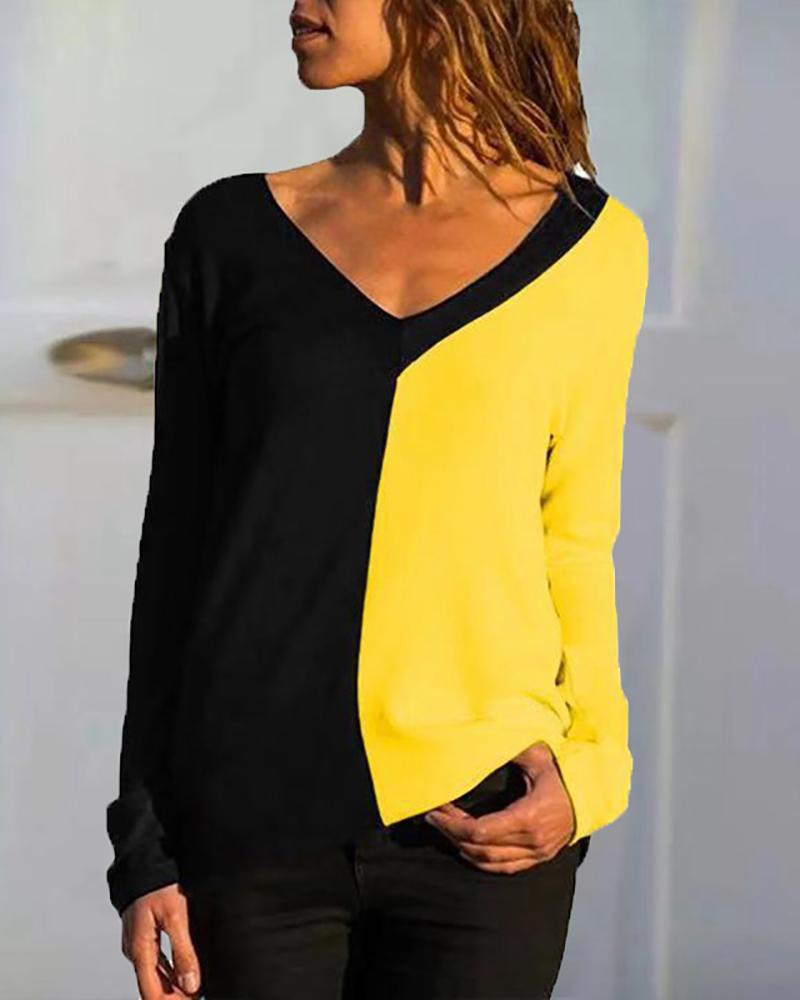 

Colorblock Print Long Sleeve T-Shirt, Yellow