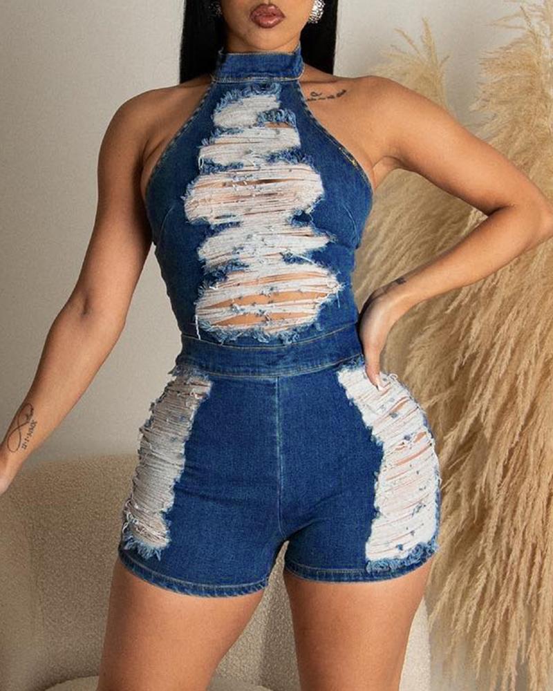 

Ripped Halter Backless Denim Romper, Blue