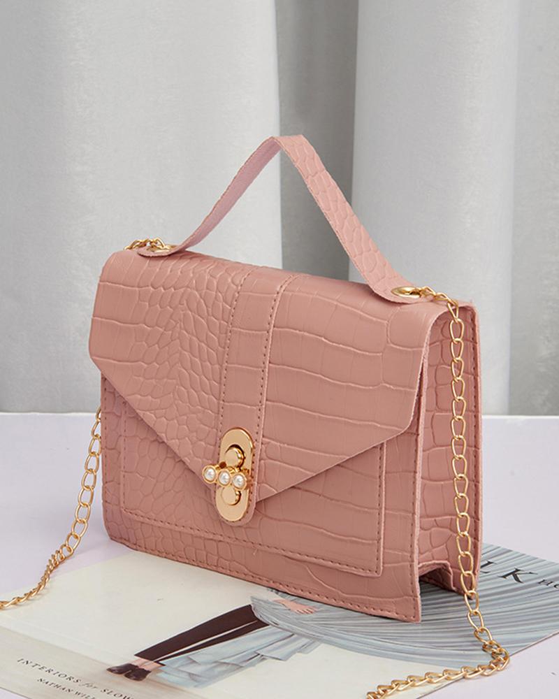 

Crocodile Twist Lock Square Satchel Bag, Pink