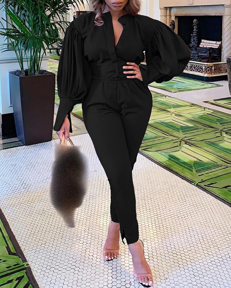

Lantern Sleeve Ruched Buttoned Shirt & Pants Sets, Black