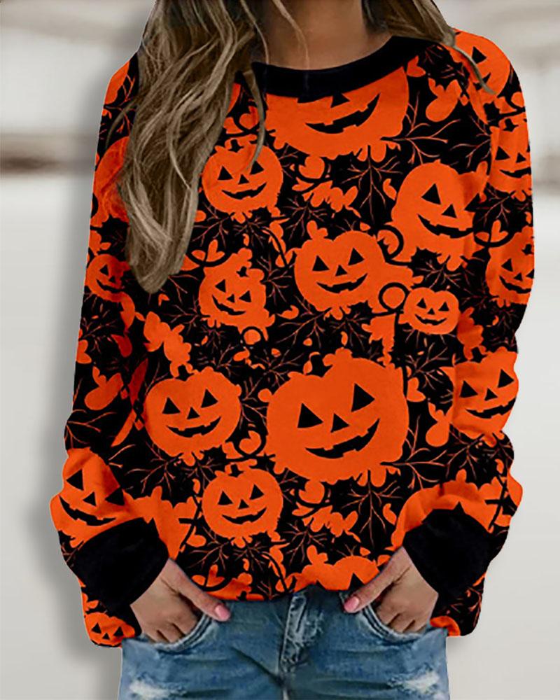 

Halloween Pumpkin Print Long Sleeve Sweatshirt, Black