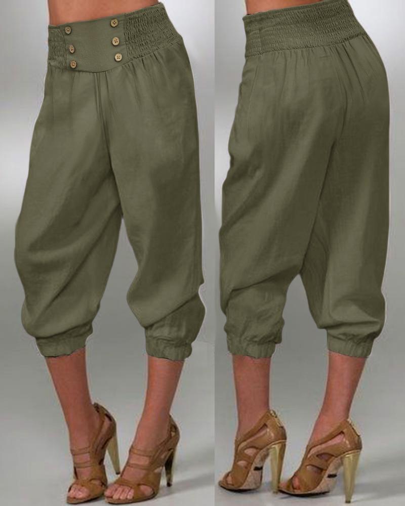

High Waist Buttoned Cuffed Pants, Green