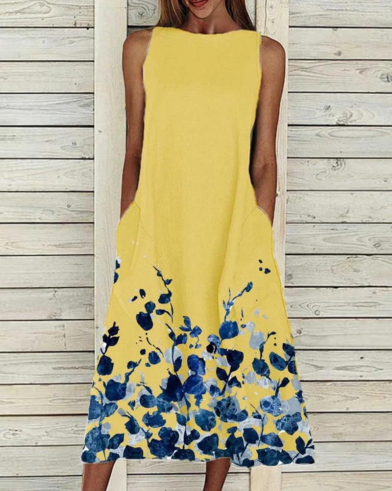 

Plants Print Pocket Detail Sleeveless Casual Dress, Yellow