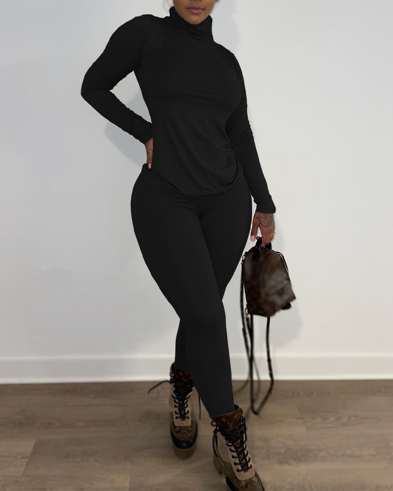 

Long Sleeve High Neck Top & Pants Set, Black