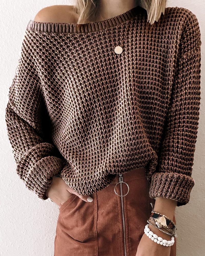 

Solid Knit Long Sleeve One Shoulder Casual Sweater, Coffee