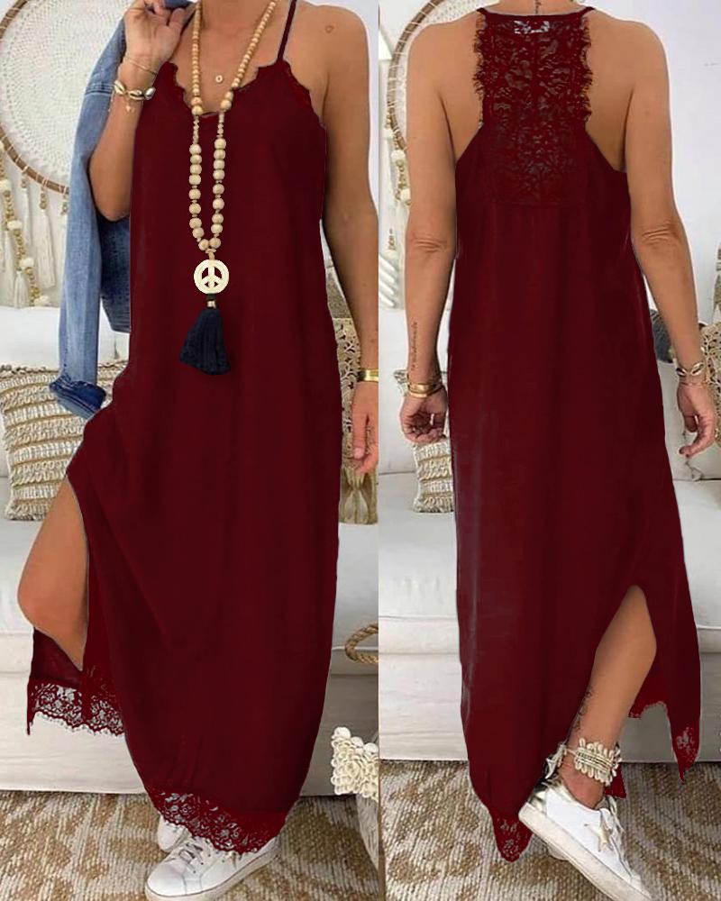 

Lace Trim Spaghetti Strap Maxi Dress, Wine red