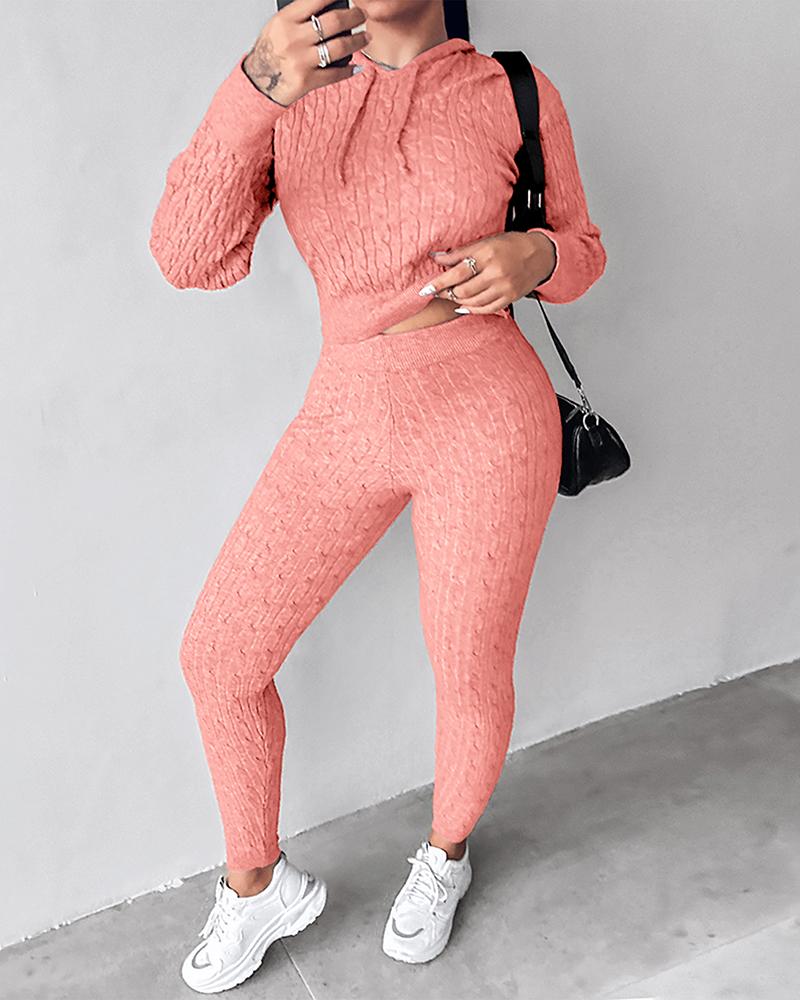 

Ensemble pull à capuche et pantalon en tricot torsadé à manches longues, Pink