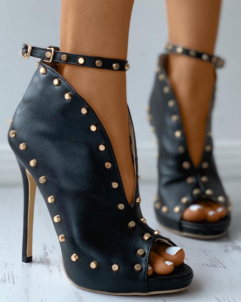 

Ankle Strap Studded Peep Toe Stiletto Heels, Black