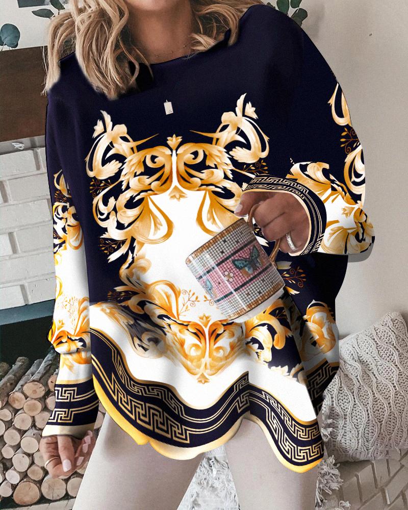 

Baroque Print Long Sleeve Top, Black
