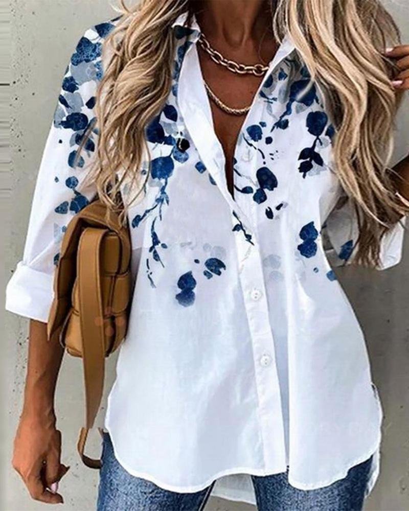 

Buttoned Floral Pattern Print Long Sleeve Shirt, White
