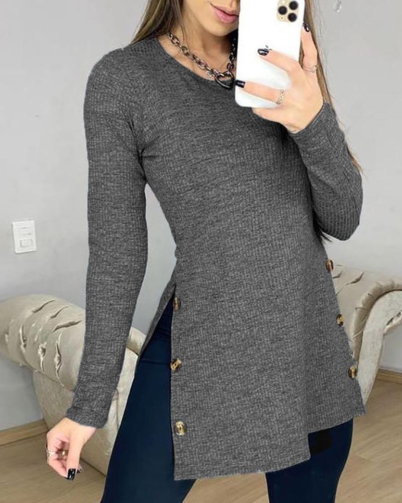 

High Slit Button Decor Long Sleeve Sweater, Gray