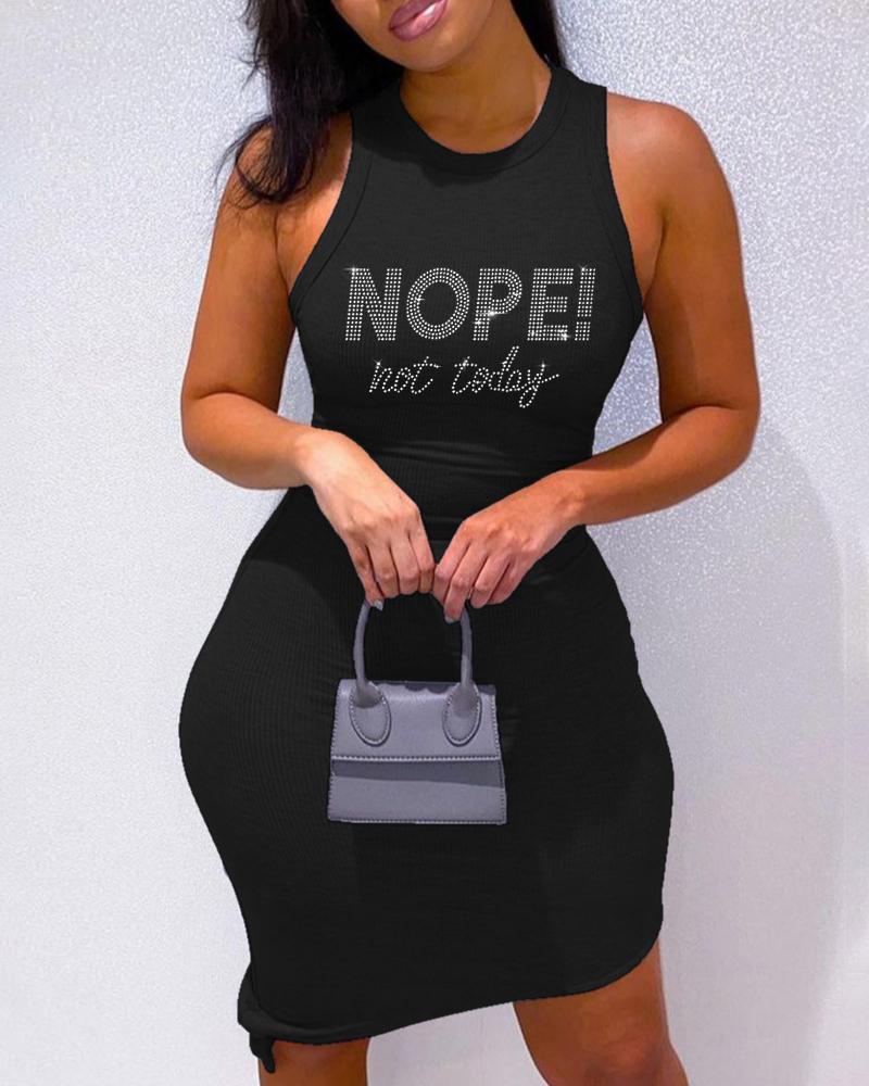 

Rhinestone Nope Not Today Pattern Sleeveless Bodycon Dress, Black