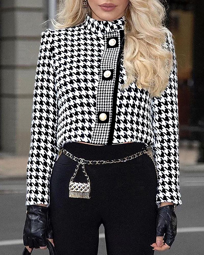 

O Neck Houndstooth Print Buttoned Jacket, Black
