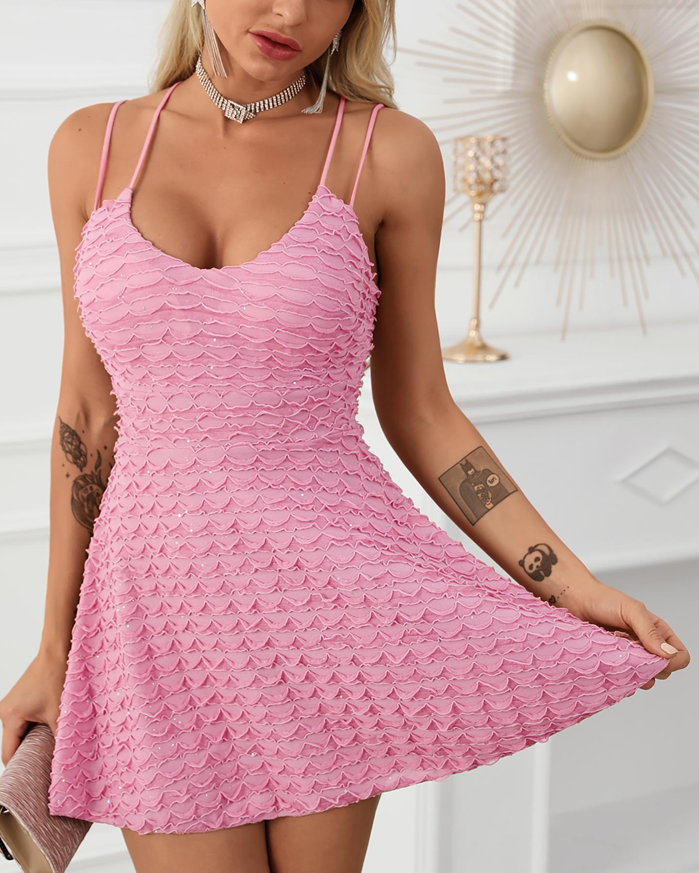 

Frill Hem Crisscross Backless Double Strap Dress, Pink