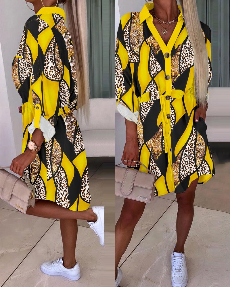 

Baroque Leopard Print Roll Up Sleeve Shirt Dress, Yellow
