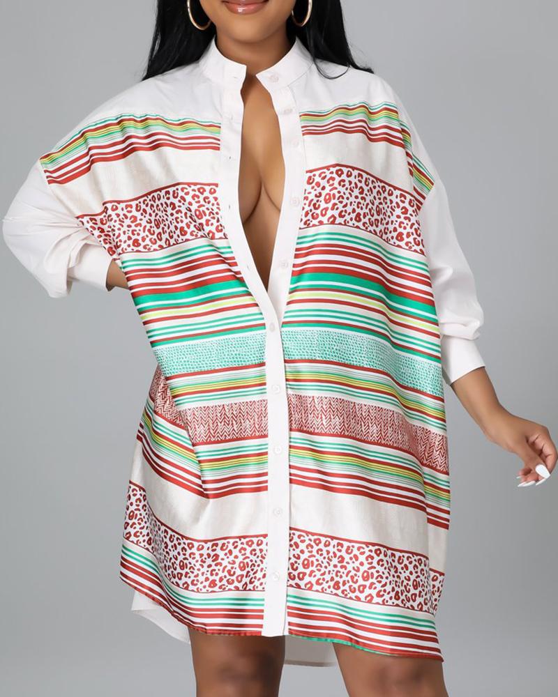 

Colorblock Striped Print Buttoned Shirt Dress, Red