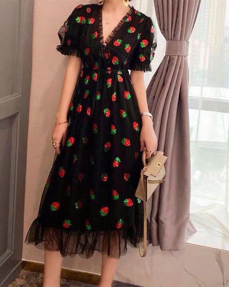 

Strawberry Embroidery Mesh Puff Sleeve Dress, Black