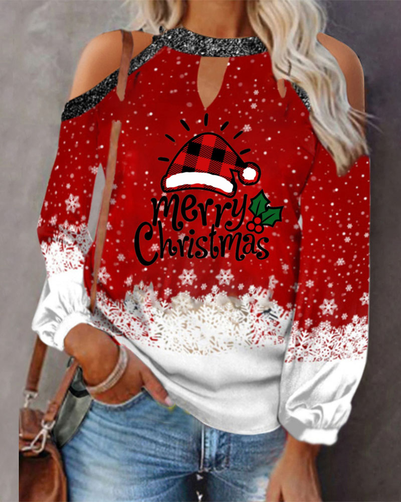 

Merry Christmas Snowflake Print Cold Shoulder Top, Red